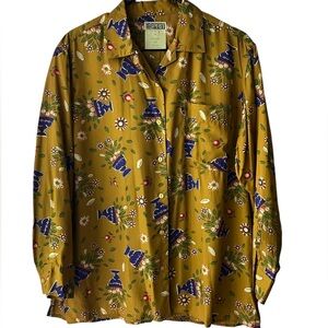VINTAGE ESPRIT tan/olive retro cocktail print button down long sleeve medium